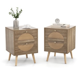 Tangkula Rattan Nightstand Set of 2 End Side Table with 2 Rattan Drawers Pine Wood Legs Wood Accent Table - 1 of 4