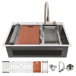 33 in. Drop-In Single Bowl 16-Gague Stainless Steel Raindance Waterfall Kitchen Sink with Pull-Out Faucet - 1 of 4