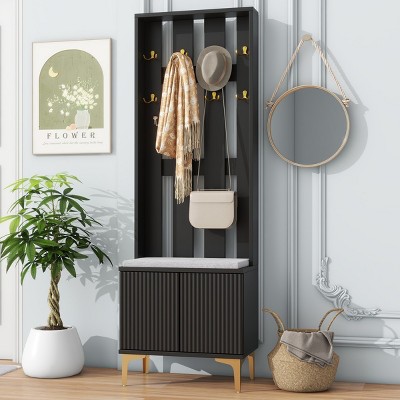 3-In-1 Particle Board Hall Tree Entryway With Bench,Coat Rack With 8 Gold Hooks And Adjustable Shoe Storage,For Hallways,Living Room-Cuddlewood