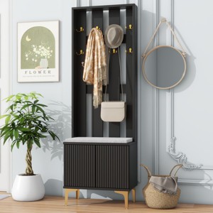 3-In-1 Particle Board Hall Tree Entryway With Bench,Coat Rack With 8 Gold Hooks And Adjustable Shoe Storage,For Hallways,Living Room-Cuddlewood - 1 of 4
