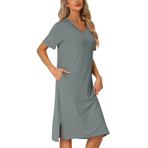 cheibear Women's Casual V-neck Short Sleeve T-shirt Dress Nightshirt Basic Midi Shirtdress - 1 of 4
