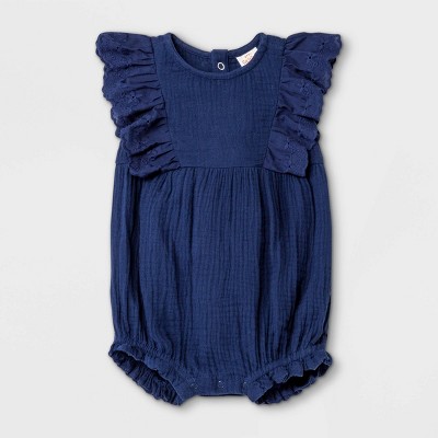 Image of Baby Girls' Bubble Gauze Short Sleeve Romper - Cat & Jack™ Navy 6-9M