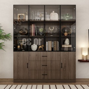 Famapy Brown Wood  Display Cabinet With Glass Doors and LED Lights - 1 of 4