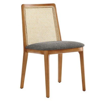 Modway Monarch Dining Accent Chair – Natural Honey Wood with Cane Backrest and Upholstered Padded Gray Seat