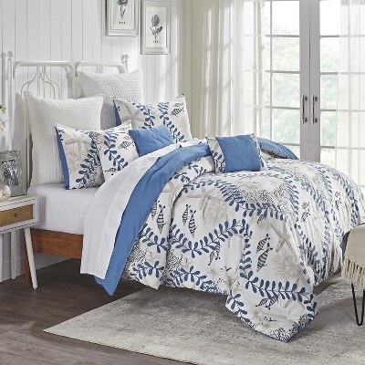 Caspian Blue and White Microfiber Queen Comforter Set with Nautical Design