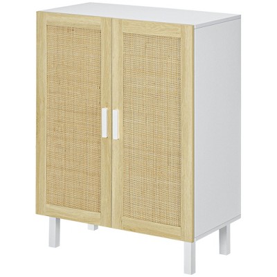 Yukimo Boho Kitchen Cabinet, Rattan Door Buffet with Adjustable Shelves, White and Natural Finish