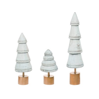 Transpac Wood 17 in. White Christmas Rustic Trees with Brass Base Set of 3