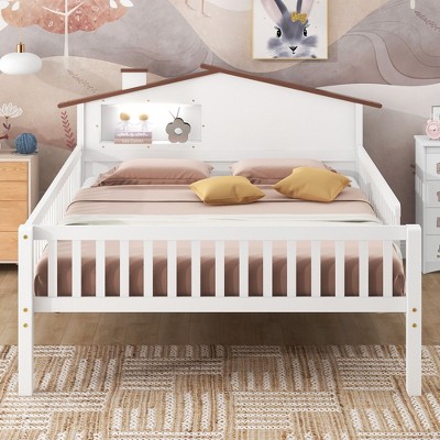 CAVINAS Twin/Full Size House Platform Bed with LED Lights & Built-in Storage,Wooden Bed Frame for Kids Room,Bedroom
