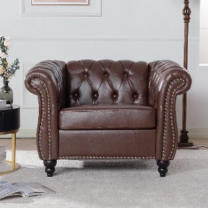 CAVINAS Chesterfield Sofa with Rolled Arm, Modern PU Leather 3 Seater Sofa Couch, Upholstered Vintage Couch for Living Room - 1 of 4