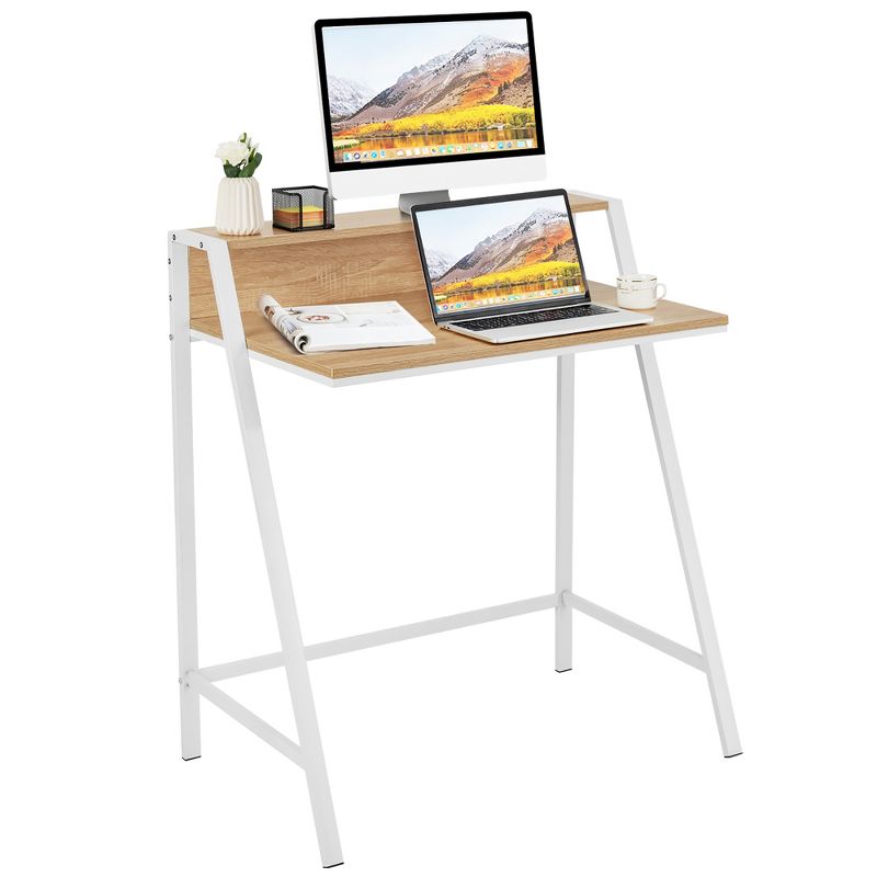 Costway 2 Tier Computer Desk PC Laptop Table Study Writing Home Office Natural, 1 of 11