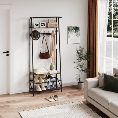Hall Tree With Shoe Storage Bench, 4-In-1, Steel Frame With 5 Hooks for Entryway, Freestanding Coat Rack Stand for Living Room, Bedroom