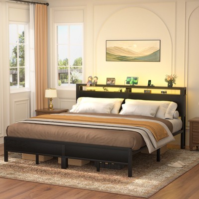 Aheaplus Platform Bed Frame with Charged Station and LED Lights