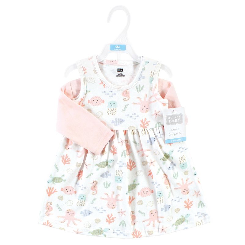 Hudson Baby Infant Girl Cotton Dress and Cardigan Set, Pastel Sea, 2 of 6