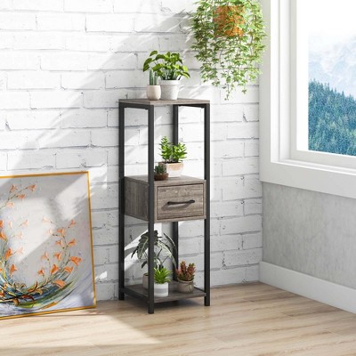 Gray and Black 3-Tier Metal Plant Stand with Drawer