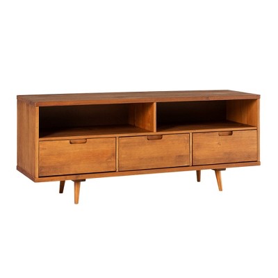 Chic Crate - 58" Mid-Century TV Stand w/ 3 Drawers & Open Storage - Solid Walnut Media Console for 65" TVs - Toasted Caramel