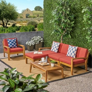Christopher Knight Home Parma Patio Acacia Wood Slat Design 5 Seater  Upholstered Seating Set with Coffee Table - 1 of 4