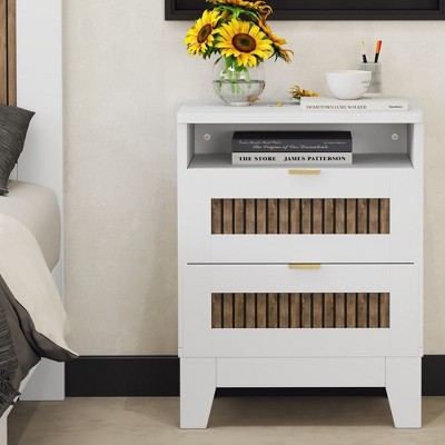 Farmhouse Nightstand, Wooden End Table With 2 Drawers, Open Shelf & Spacious Tabletop, Modern Bedside Cabinet For Bedroom, Living Room, Office