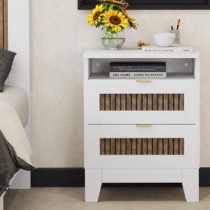 Farmhouse Nightstand, Wooden End Table With 2 Drawers, Open Shelf & Spacious Tabletop, Modern Bedside Cabinet For Bedroom, Living Room, Office - 1 of 4