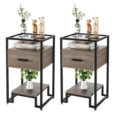 Nightstand Set of 2, End Table with Storage Drawer and 3-Tier Storage & Tempered Glass Top
