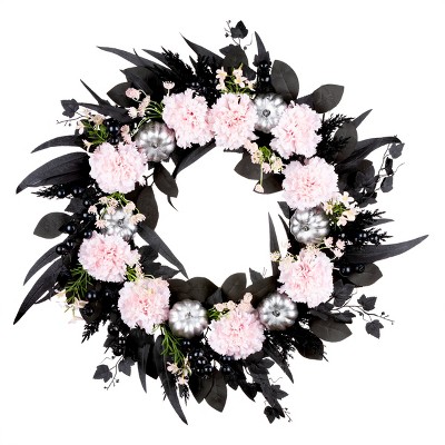 26" Pretty Morbid Pink Carnation Halloween Wreath - National Tree Company