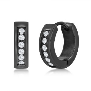 Metallo Stainless Steel 13mm Huggie Hoop Single Row CZ Earrings - Black Plated - Available Colors: Black, Gold, Silver, Gold - 1 of 2