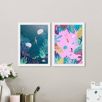 15" x 21" (Set of 2) Boho Plants and Ocean Framed Wall Art Prints Pink - Wynwood Studio: Modern Portrait Digital Art
