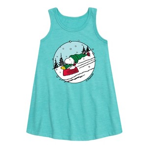 Girls' - Peanuts - Snoopy Woodstock Sled Graphic Sleeveless Aline Dress - 1 of 4