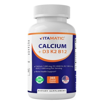 Vitamatic Calcium Supplement 1200mg with D3, K2 & B12, Immune & Bone Health Support - 365 Coated Tablets