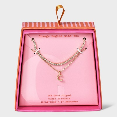 14K Gold Dipped Cubic Zirconia Initial Necklace Set 2pc - A New Day™ Gold
