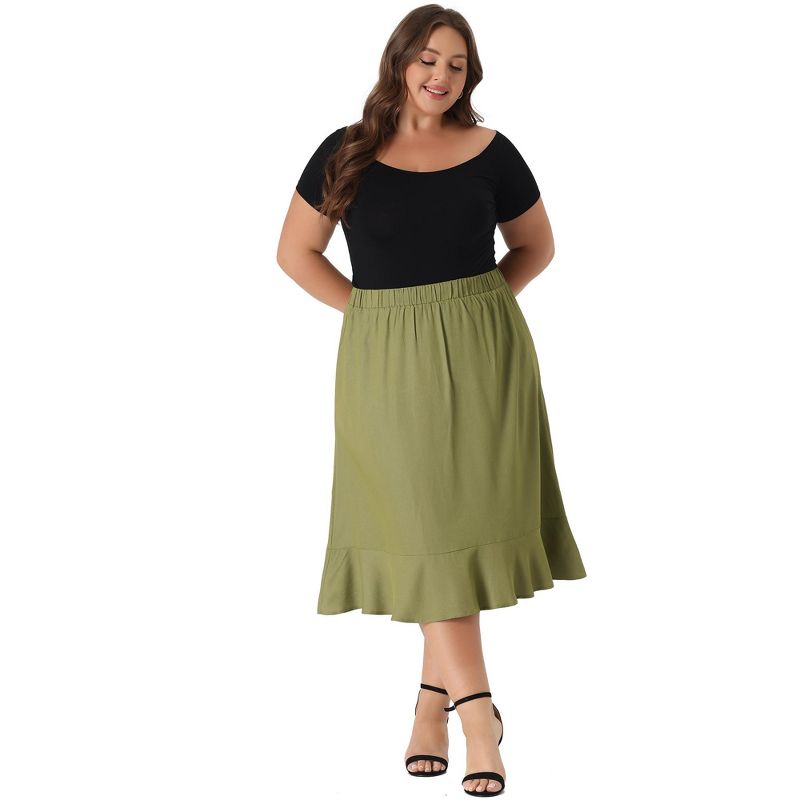 Agnes Orinda Women's Plus Size Midi Elastic Waist Denim Tiered Pleated Hem A Line Skirts, 3 of 5