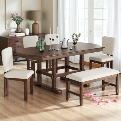 Mshliw 6-Piece 78" Extendable Farmhouse Dining Table Set with Bench, Solid Wood Kitchen Table with 18" Removable Leaf and 4 Upholstered Chairs for 6