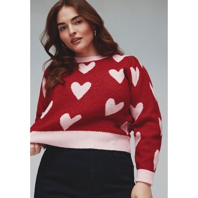 ELOQUII Women's Plus Size Heart Intarsia Cropped Sweater