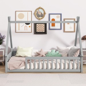 VASIP Twin Tent-Shaped Floor Bed with Guardrails and Support Slats, for Kids' Room ,Gray - 1 of 4