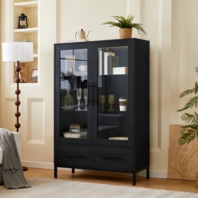60'' Display Cabinet with Glass Door, Collectibles Display Case, Display Curio Cabinet, Bar and Liquor Storage Cabinet for Living Room Office