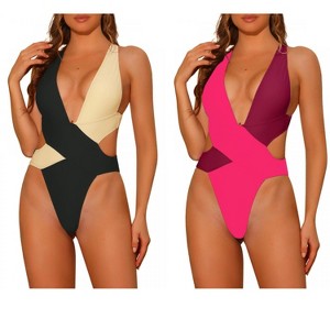 INSPIRE CHIC Women's Color Block Deep V Neck Criss Cross Back Swimwear Bathing Suit Monokini 2 Sets - 1 of 4