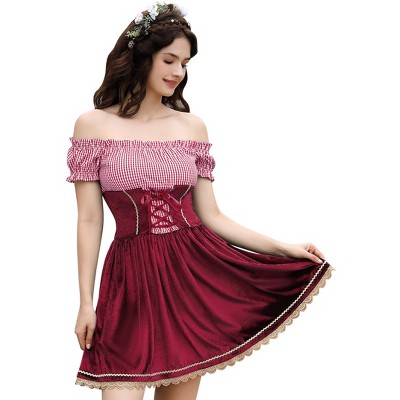 Women's Vintage Party Dress Off Shoulder Short Sleeve Plaid Velvet Fake Three Piece Dress with Lace Trim