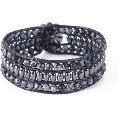 Boho Handmade Natural Stone Bead Bracelet, 3-Row Wide Wrap Wrist Statement Jewelry for Women