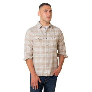 Hope & Henry Men's Organic Flannel Double Pocket Button Down Shirt, Taupe Heirloom Plaid, Large - 1 of 4