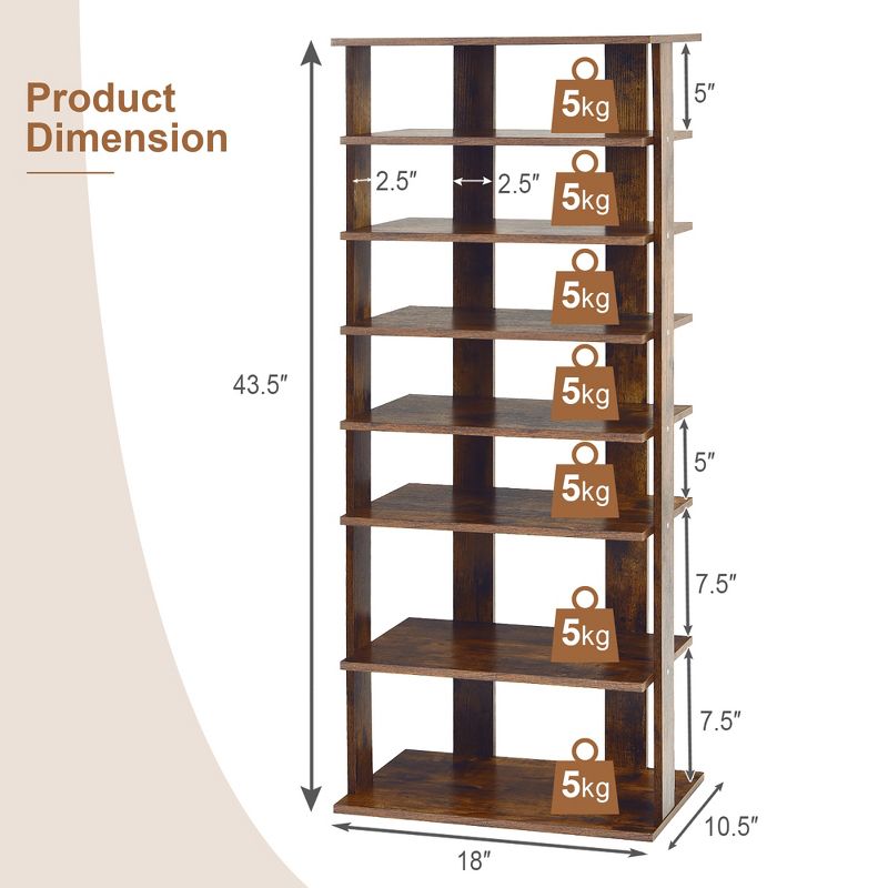 Costway Patented 7-Tier Double Shoe Rack Free Standing Shelf Storage Tower Rustic Brown, 2 of 11