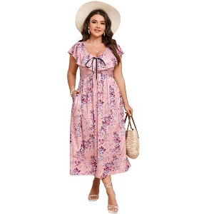 Women's Plus Size Maxi Dress Flutter V Neck Sleeveless Flowy Boho Floral Print Summer Casual Wedding Party Formal Dresses - 1 of 4