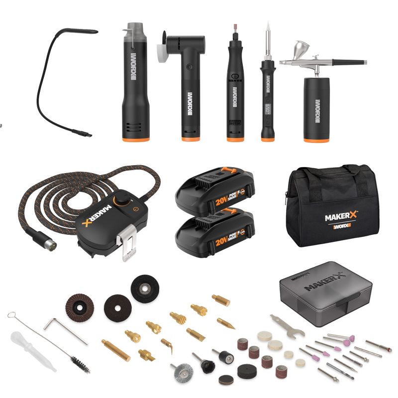 Worx MAKERX WX996L 6 Tool Kit: Rotary Tool, Wood & Metal Crafter, Air Brush, Heat Gun, Grinder and LED Flex Light in Carry Bag, 1 of 14
