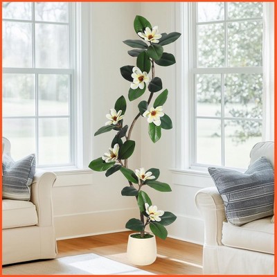 Rubber Tree 5FT Artificial Tree in White Planter Pot,Faux Floor Plant Artificial Plants with 7 Pcs Magnolia Flowers