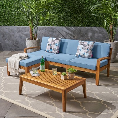 GDFStudio Parma Acacia Wood 3 Seater Sectional Sofa Set with Ottoman