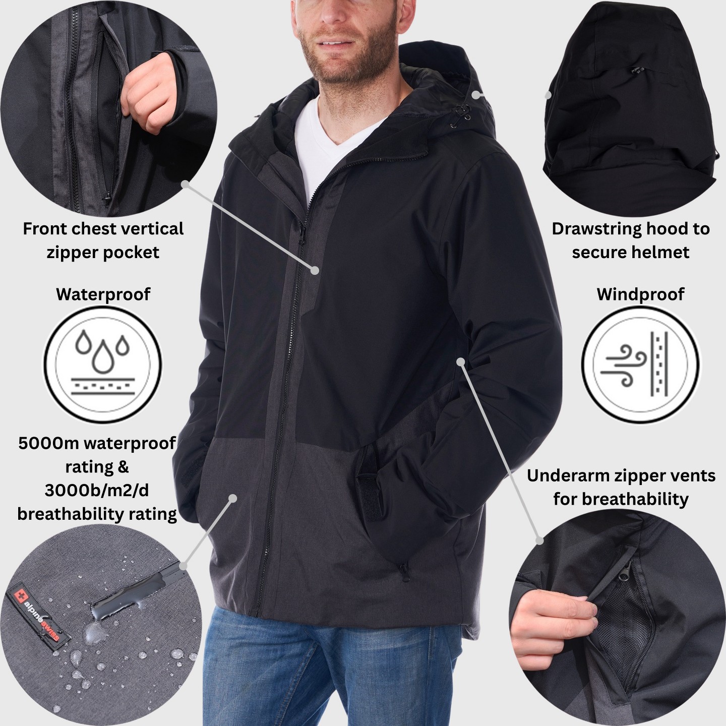 Мужская куртка Alpine Swiss Waterproof Ski Jacket Hooded Snowboarding Coat Warm Winter Snow Jacket Raincoat Black Charcoal, цвет: Чёрный — фото 2