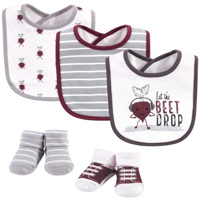 Hudson Baby Infant Boy Cotton Bib and Sock Set 5pk, Drop The Beet, One Size