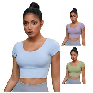 INSPIRE CHIC 3 Packs Women's U Neck Short Sleeve Deep V Back Shapewear Workout Tank Tops with Bulit in Bra - 1 of 4