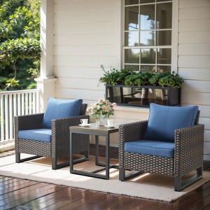 POCASSY 3PCS Patio Furniture Set with Wicker Patio Chair, All Weather Brown Wicker Rattan Outdoor Bistro Set Outdoor Club Chairs with Metal End Table - 1 of 4
