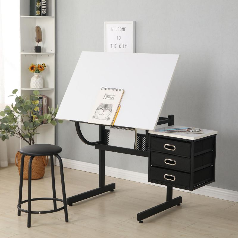 Adjustable Arafting Drawing Table with Stool and 3 Drawers, Drafting Study Table for Artist Painters Home Office, Table with Chair-The Pop Home, 1 of 10