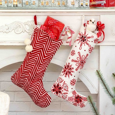 Red and White Chevron Embroidered Velvet Christmas Stocking