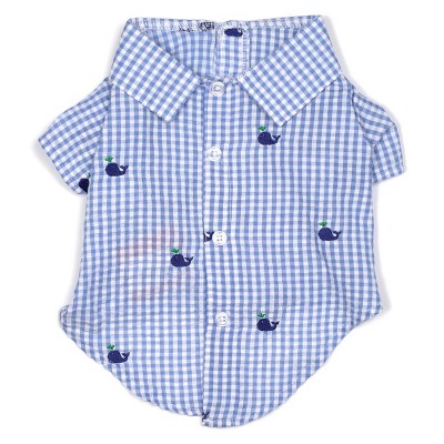 The Worthy Dog Embroidered Whales Gingham Check Seersucker Button Up Look Pet Shirt